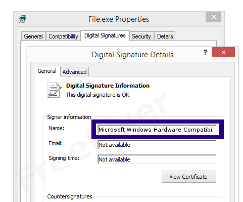 Screenshot of the Microsoft Windows Hardware Compatibility Publisher certificate